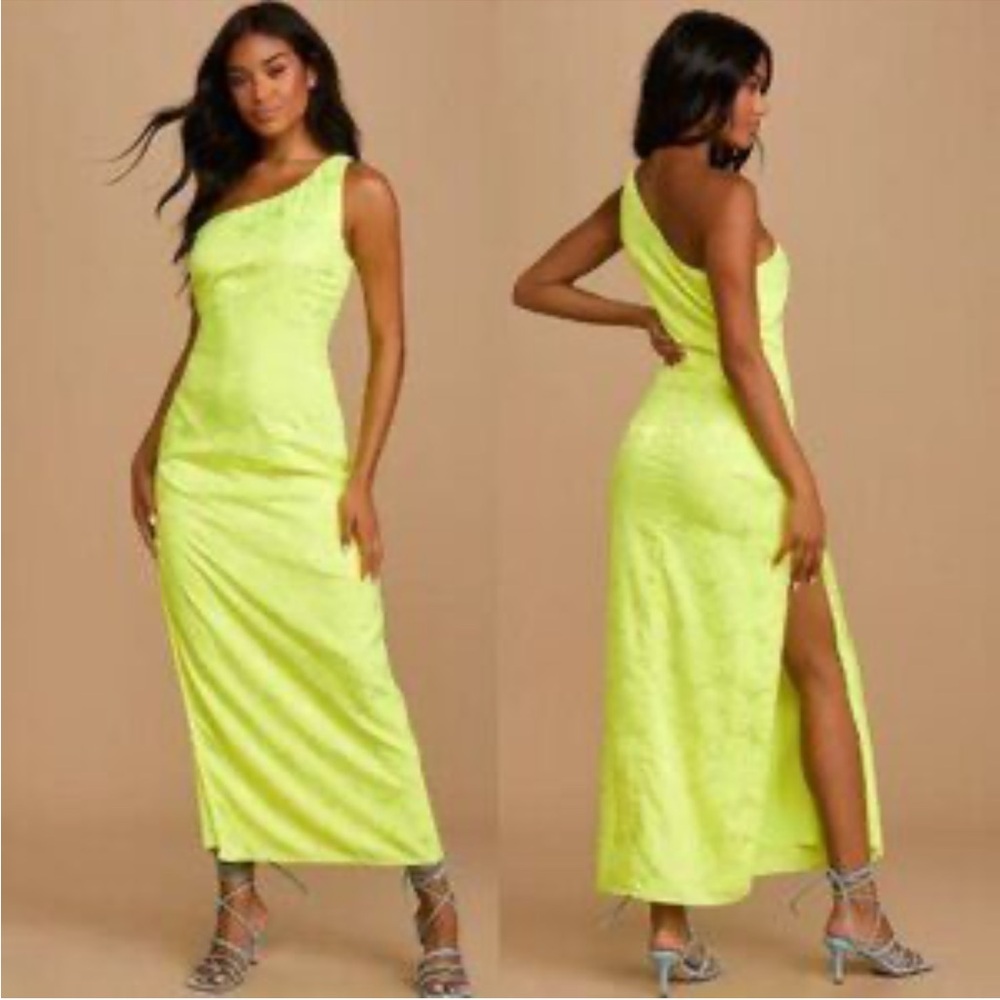 A23 Lulus Floral Print Neon Yellow One-Shoulder Slit Dress